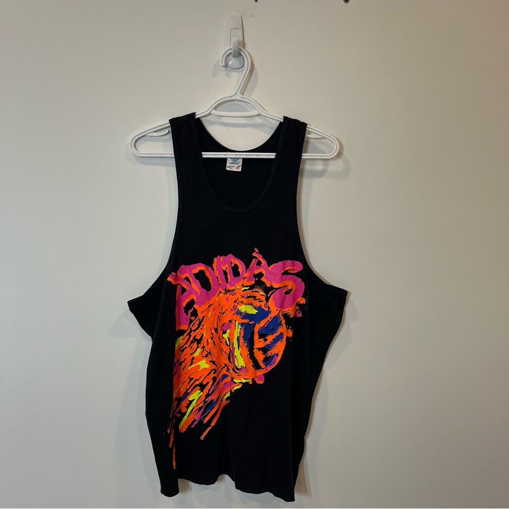 Vintage Adidas Muscle Black Shirt Neon LARGE Made In Canada